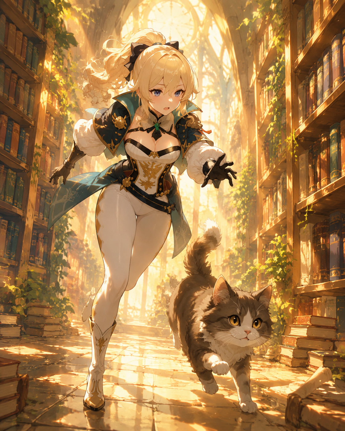 Chasing a stray cat through the streets In a sun-drenched library aisle (whimsical fairytale illustration, golden hour glow)