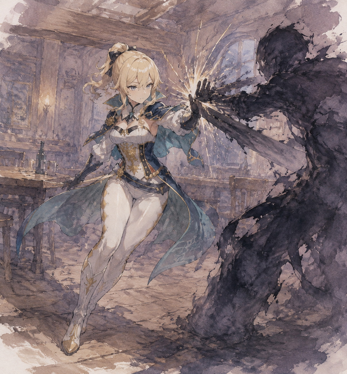 Parrying a heavy blow from a shadow At a quiet tavern during the late hours (watercolor sketch, soft pastel tones)