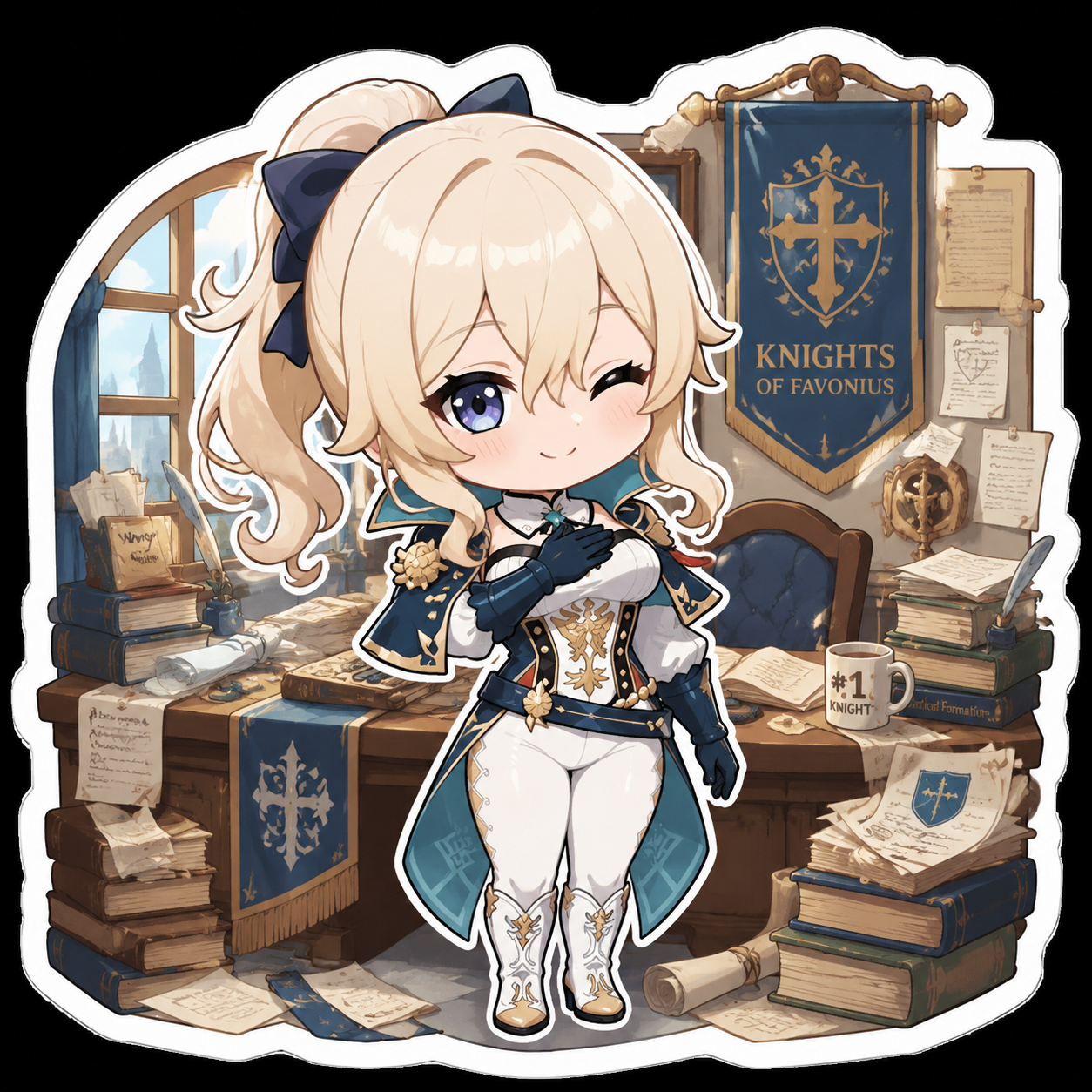 Saluting with her hand over her heart In her cluttered office at the Knights' headquarters (bubbly chibi art, sticker aesthetic)