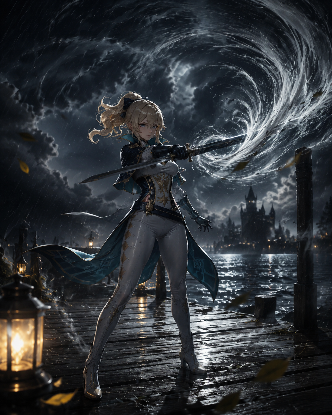 Summoning a swirling gale with her sword On a wooden pier by the cider lake (cinematic noir, sharp shadows and rain)