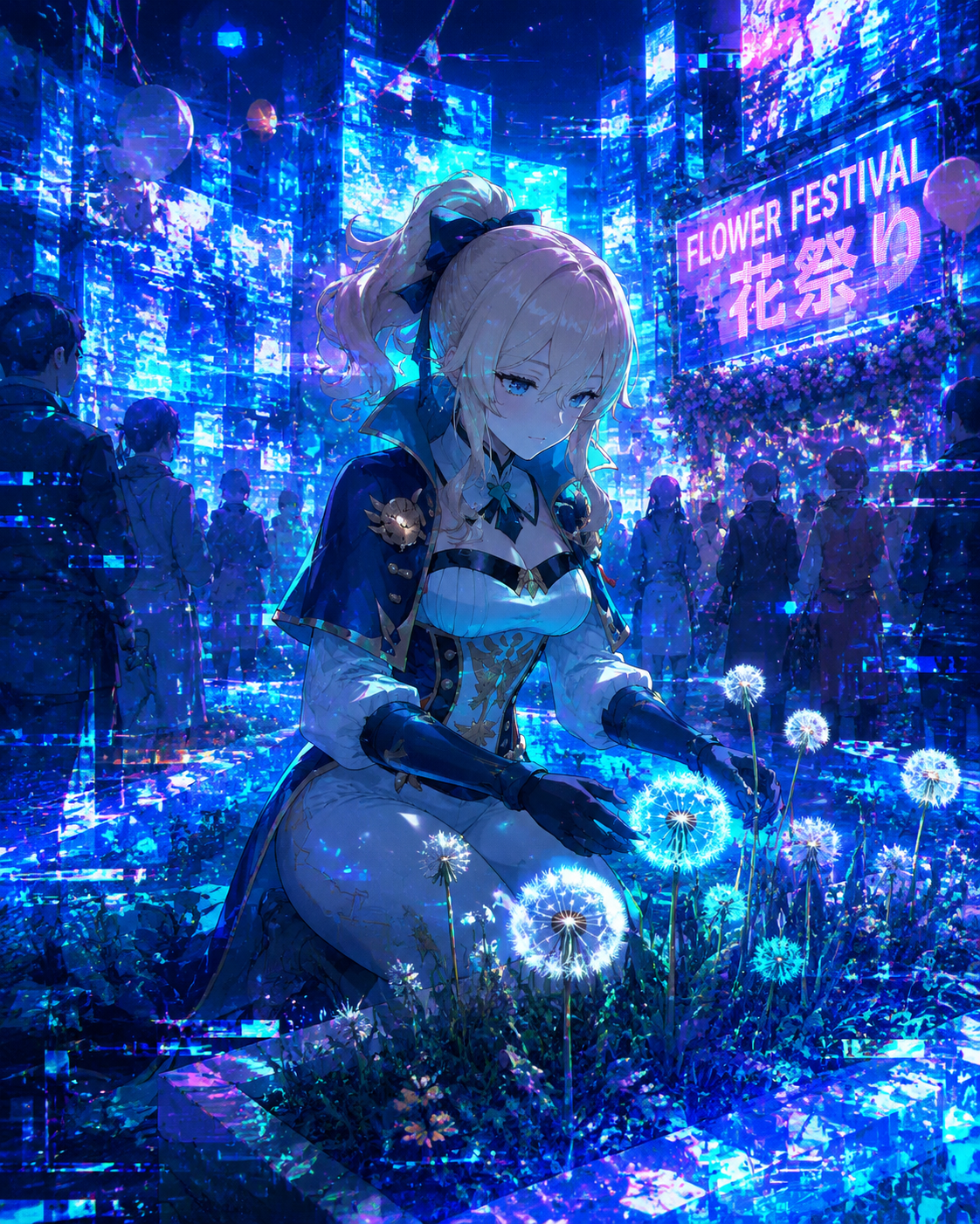 Tending to the dandelions in the garden In a crowded plaza during a flower festival (cyberpunk neon glitch art, electric blues)