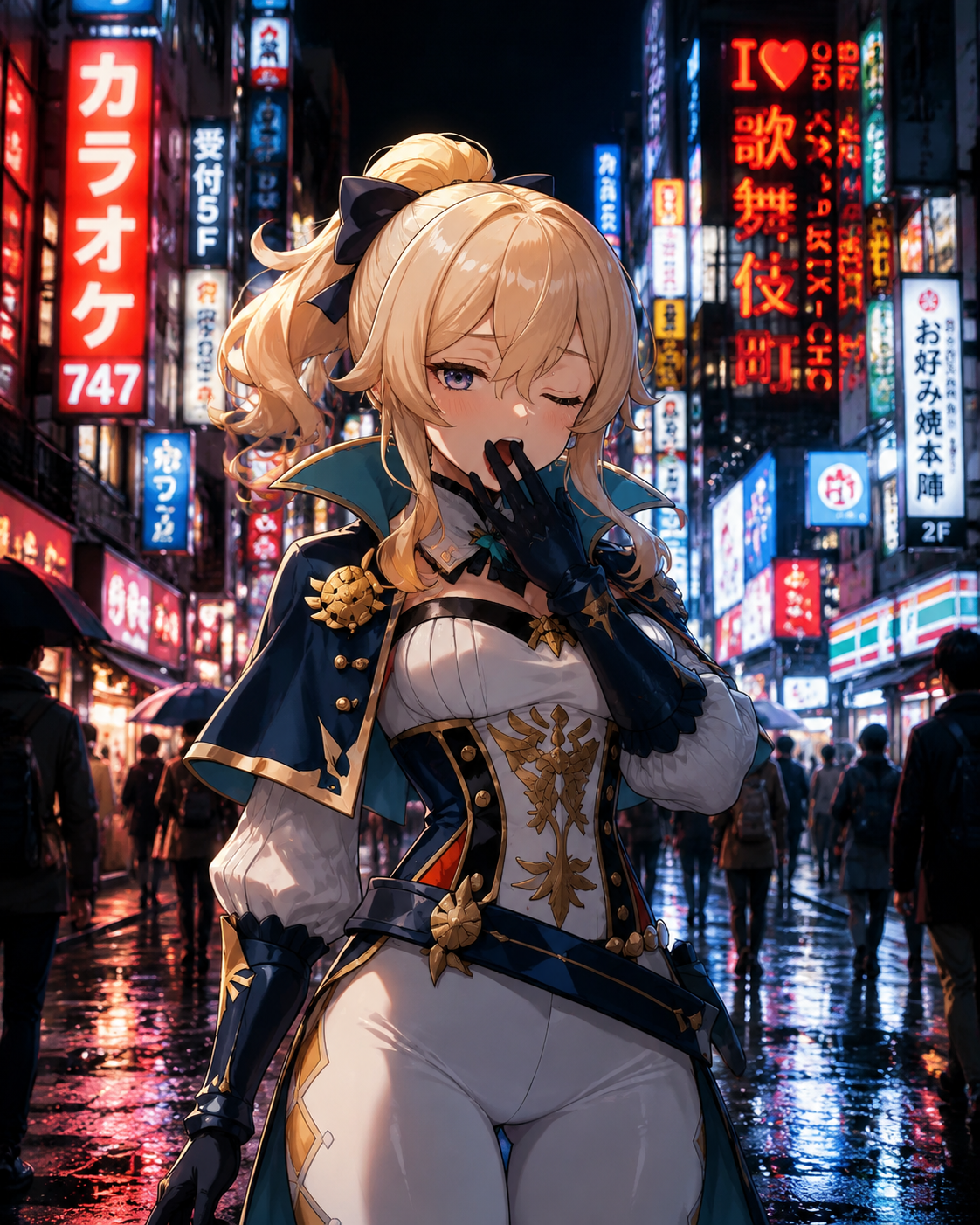 Trying to hide a yawn behind her hand On a bustling Tokyo street under neon lights (vibrant Ufotable anime style, high contrast)