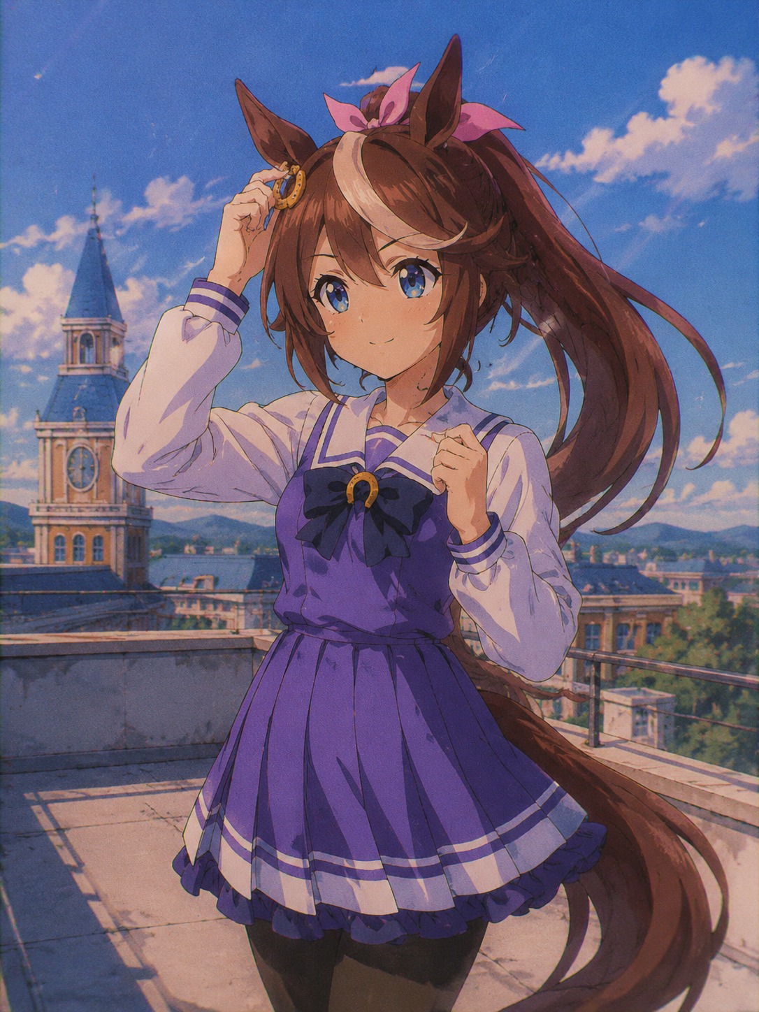 Adjusting her signature horseshoe hair ornament On a sun-drenched Tracen Academy rooftop (retro 90s OVA style with grainy film texture)