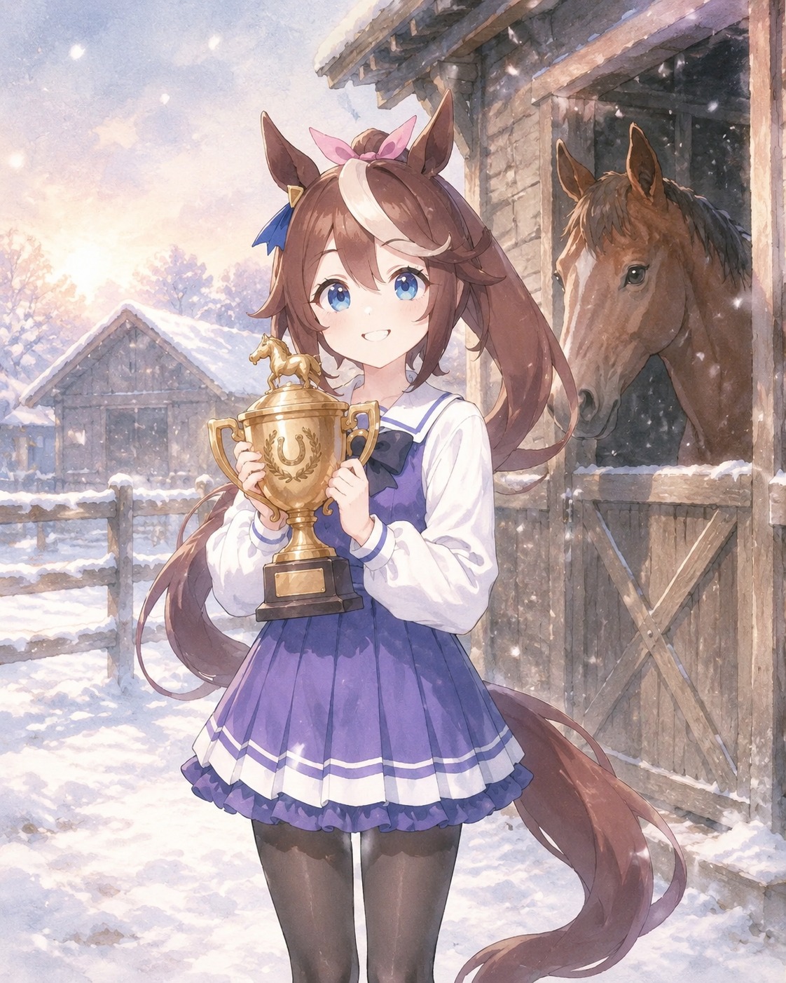 Clutching a gold trophy with a proud smile At a rustic stable during a quiet morning snowfall (soft watercolor anime with pastel morning light)