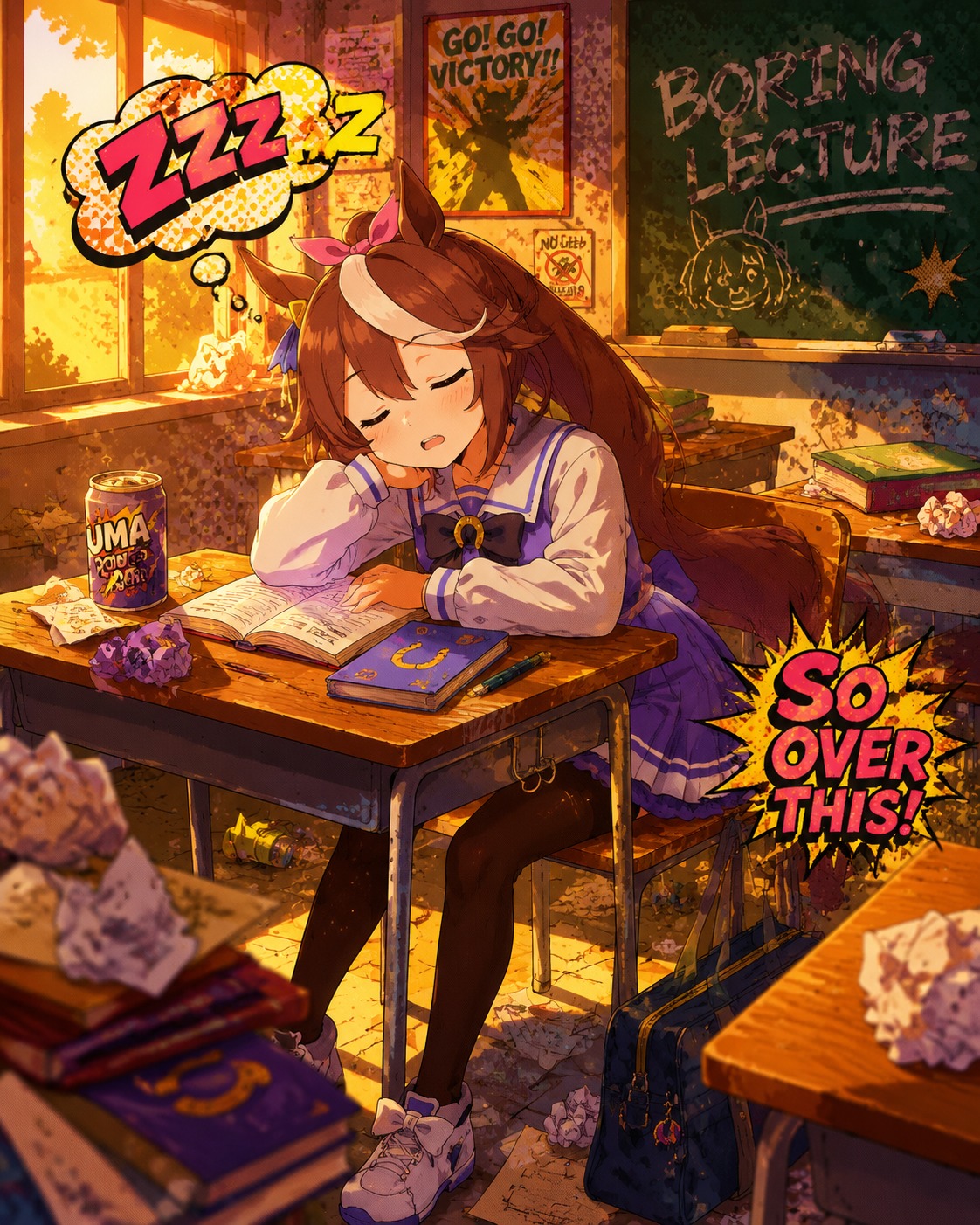 Dozing off during a boring lecture In a messy classroom during the after-school golden hour (vibrant pop art with halftone dots and bold colors)