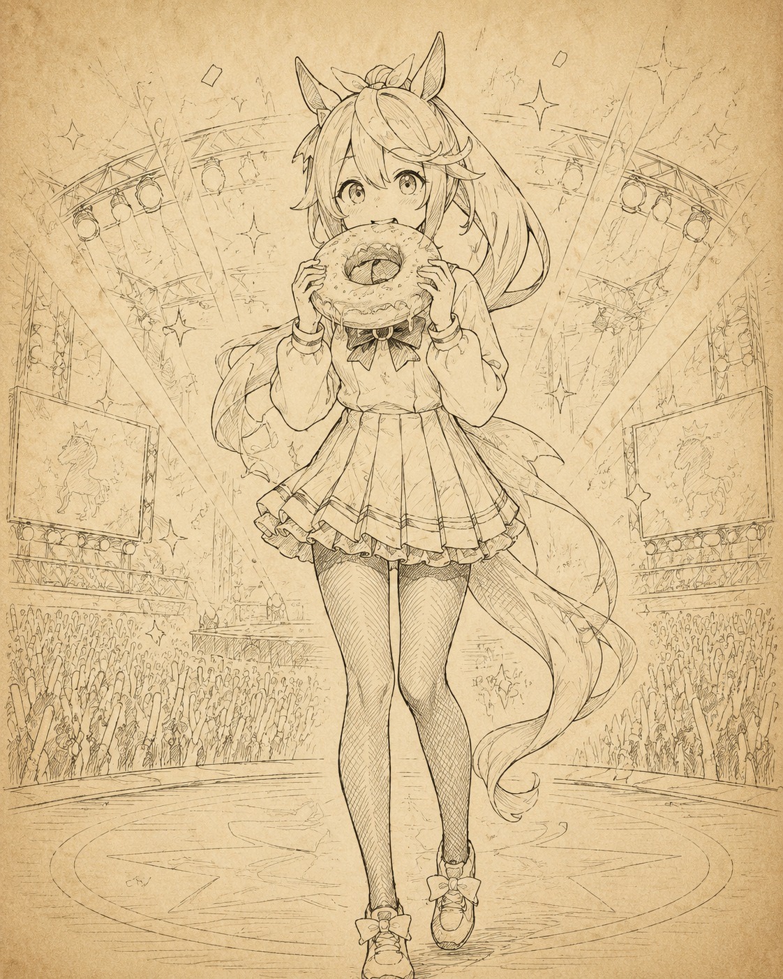 Munching on a large honey-flavored donut At the center of a dazzling idol concert stage (minimalist ink sketch on aged parchment paper)