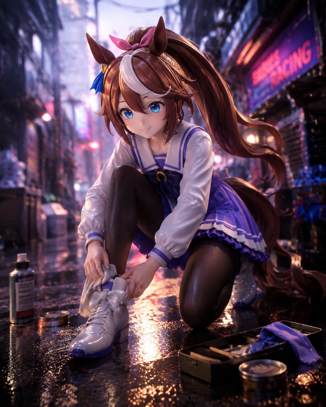 Polishing her racing boots to a mirror shine In a rain-slicked urban alleyway during twilight (cinematic 3D render with high-octane motion blur)