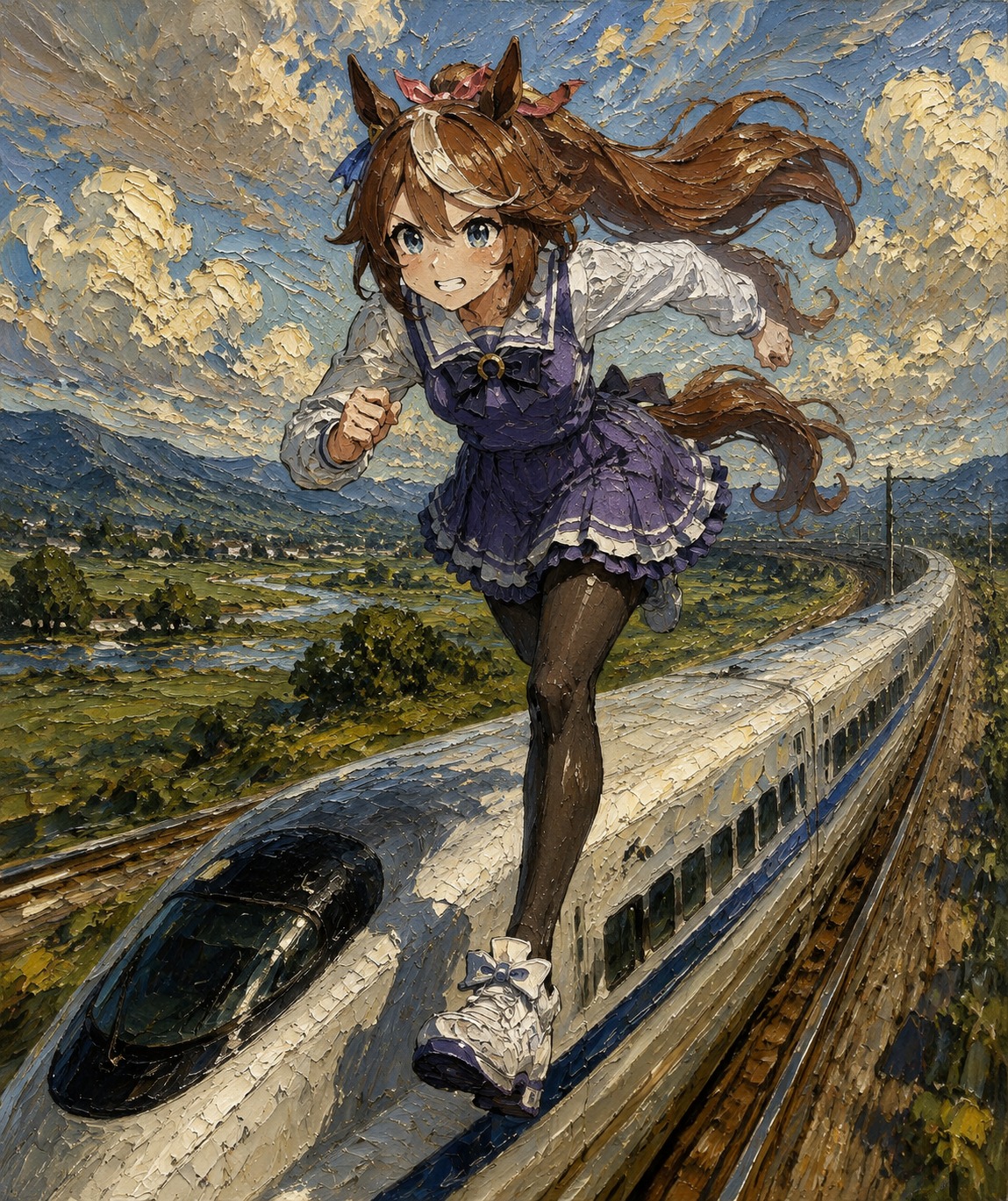 Sprinting fiercely across the dirt track On a high-speed train speeding through the countryside (elegant oil painting with heavy impasto brushstrokes)