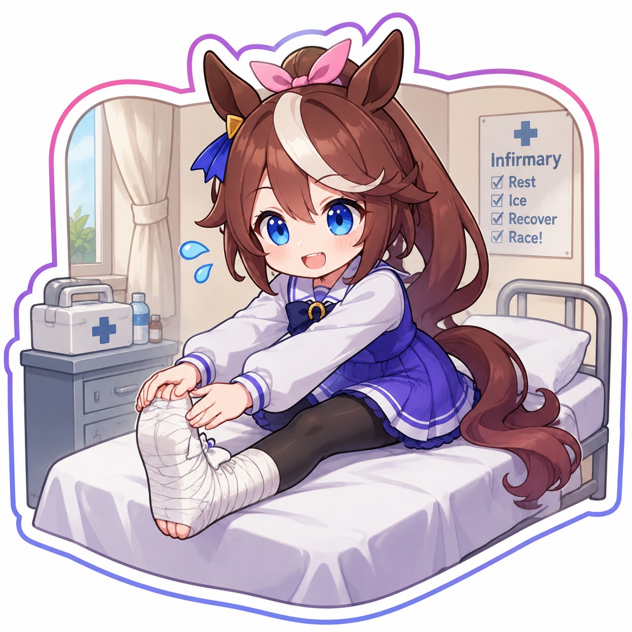 Stretching her hamstrings before a big race In a quiet infirmary resting her bandaged leg (chibi sticker art with thick colorful outlines)