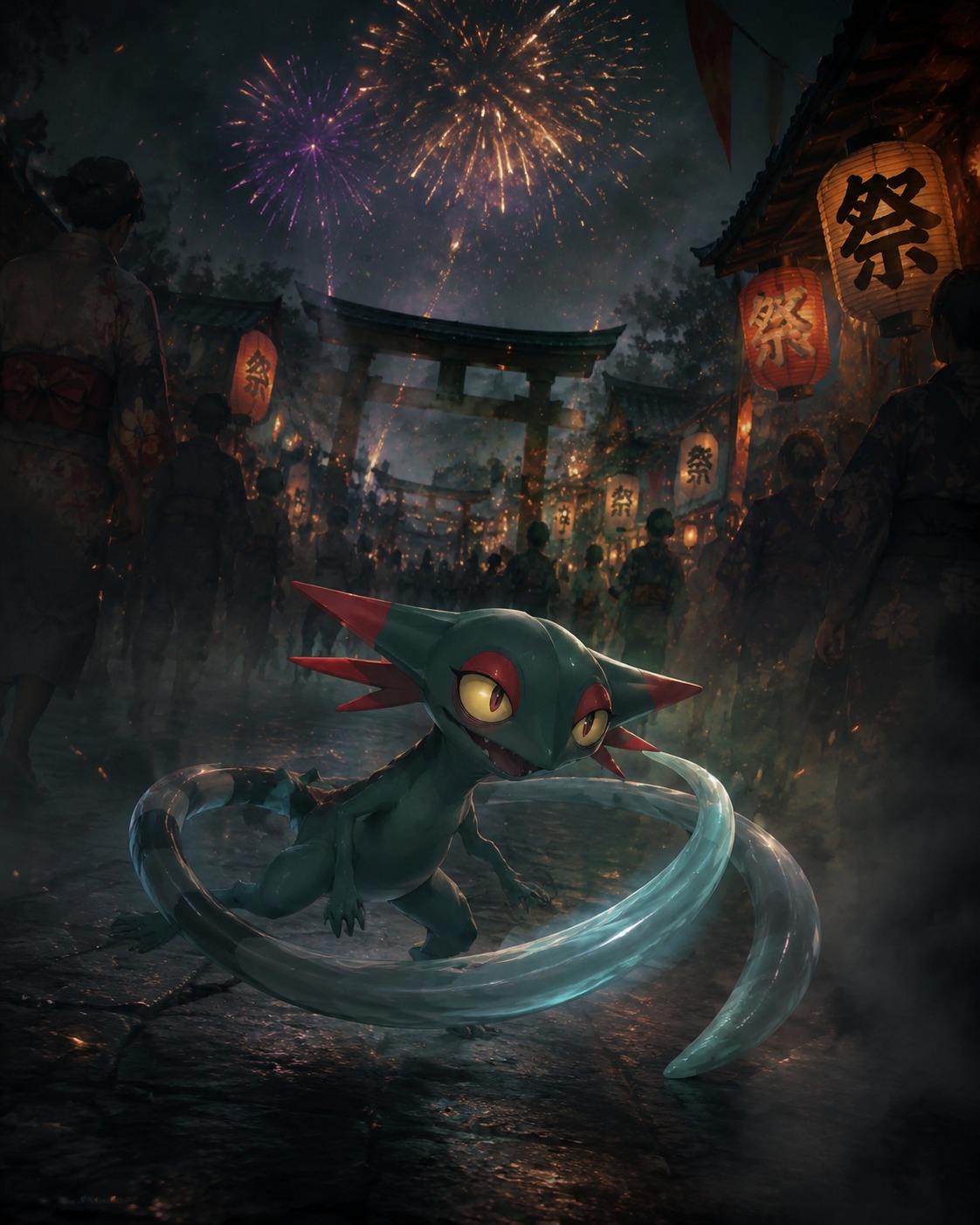 Chasing its own translucent tail At a crowded summer festival with fireworks (cinematic dark fantasy, misty atmosphere)