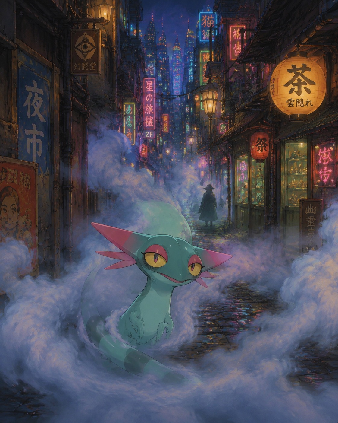 Gliding through a thick spectral mist In a bustling neon city alleyway (Studio Ghibli inspired, lush hand-painted backgrounds)