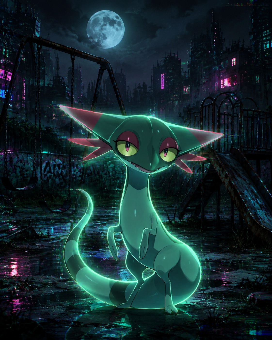 Glowing with a faint neon green light At an abandoned playground under a full moon (cyberpunk digital art, glitch effects)
