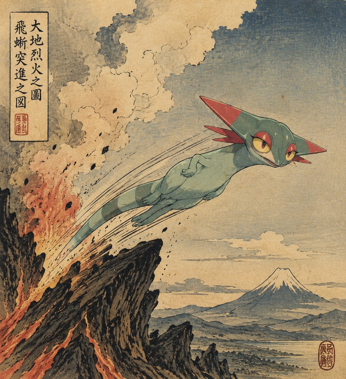 Launching itself like a living projectile On the edge of a jagged volcanic crater (vintage ukiyo-e woodblock print style)