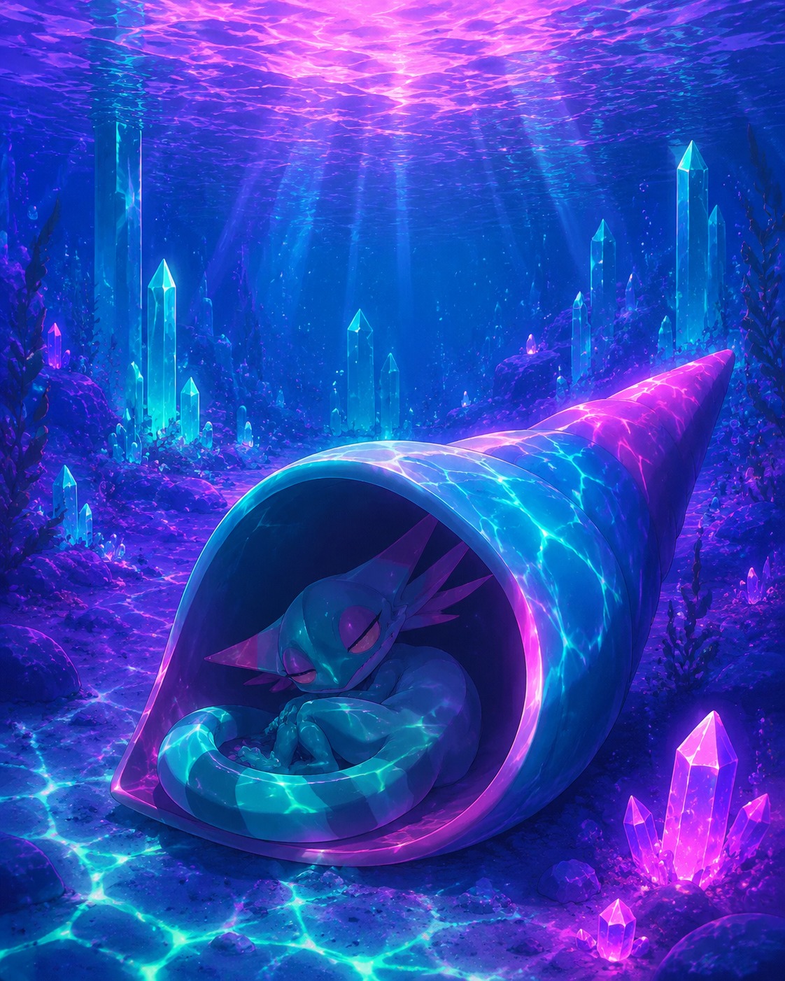 Napping inside a dragapult's hollow horn At the bottom of a crystal clear lake (glowing neon vaporwave, vibrant purple and teal)