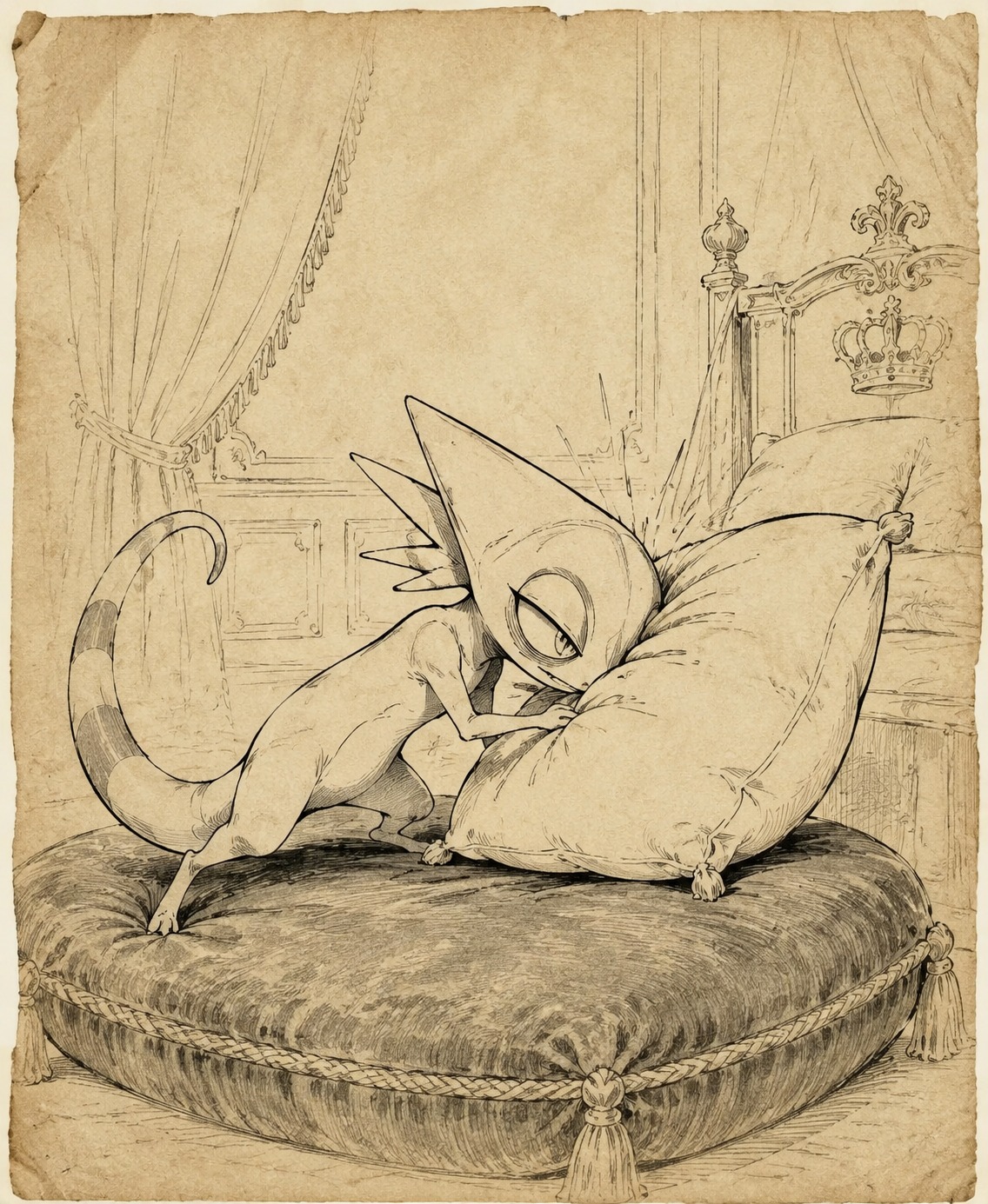 Practicing a headbutt against a soft pillow On a velvet cushion in a royal bedroom (minimalist ink sketch on aged parchment)