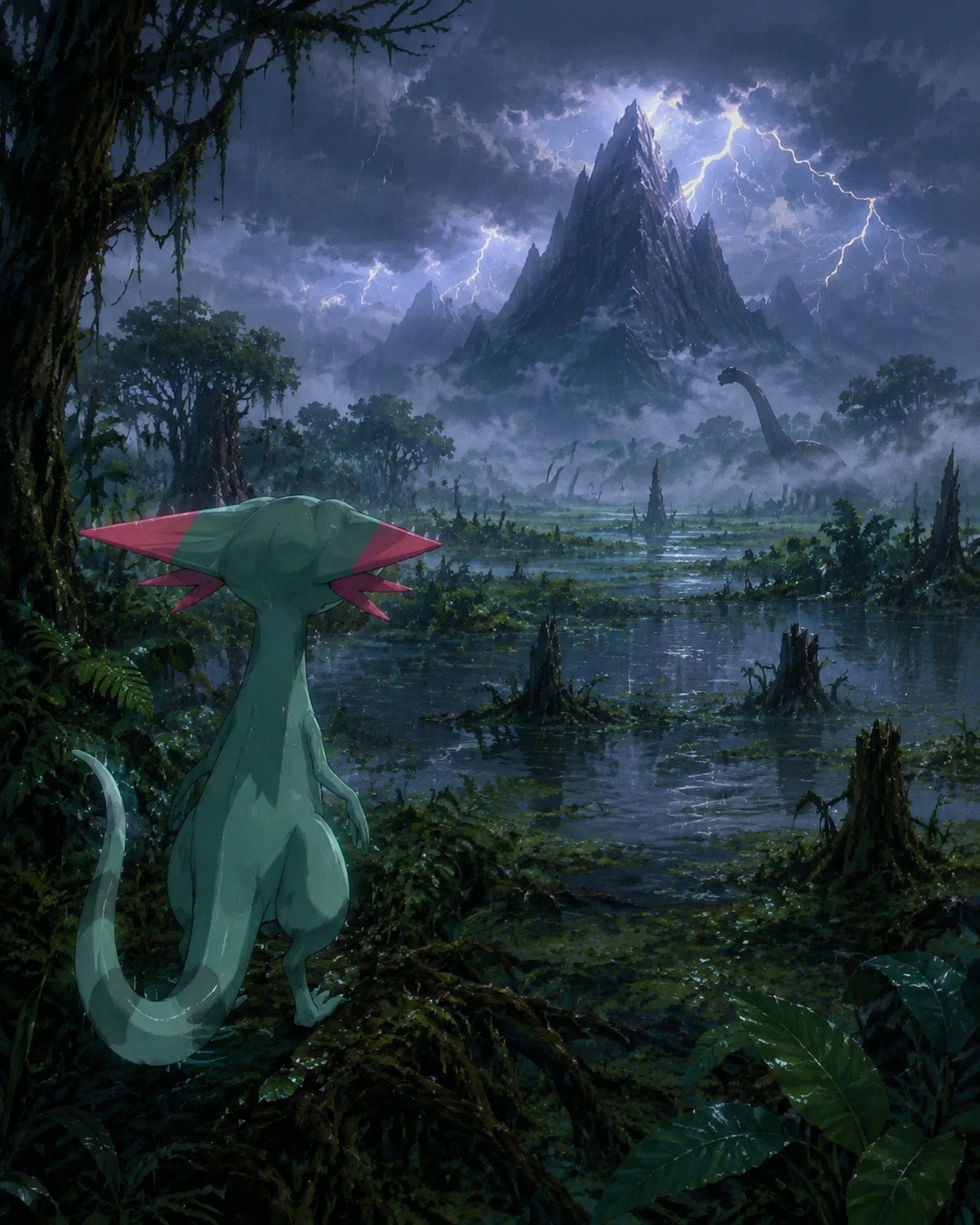 Staring intensely at a distant mountain peak In a prehistoric swamp during a thunderstorm (Studio Ghibli inspired, lush hand-painted backgrounds)