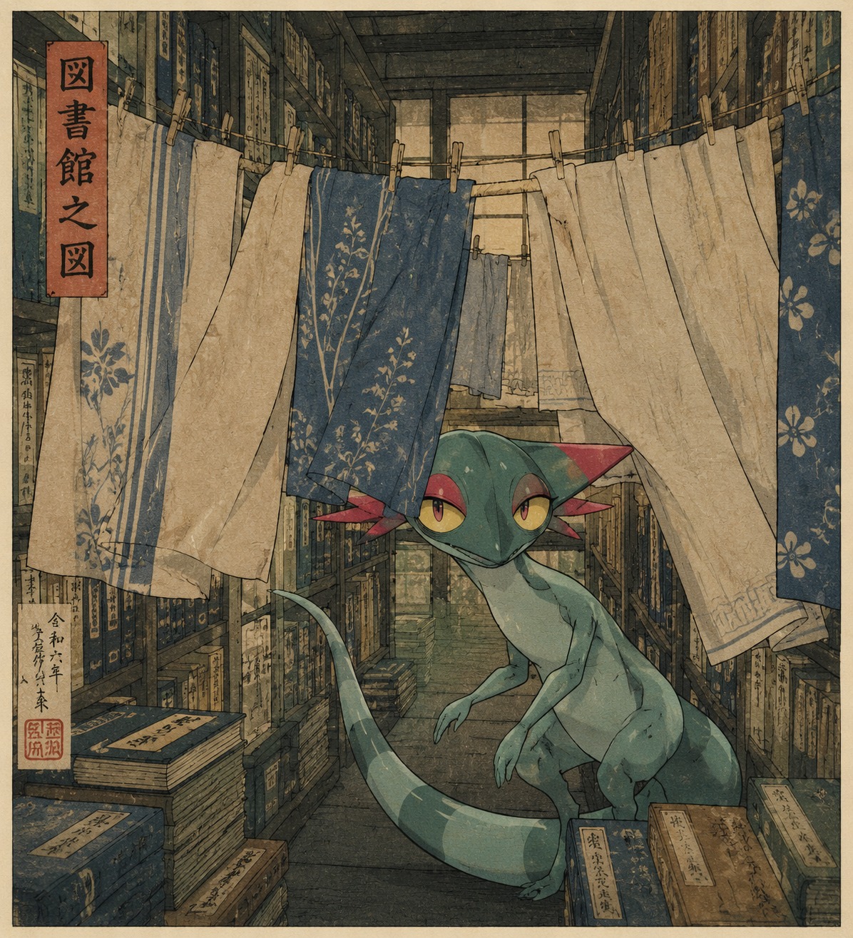 Weaving between hanging laundry on a line In a quiet library between stacks of books (vintage ukiyo-e woodblock print style)