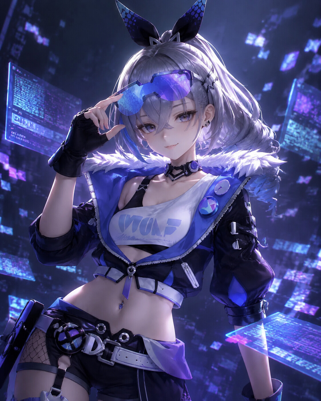 Adjusting her translucent visor while smirking in a virtual reality simulation with floating data fragments (high-fidelity 3D render)