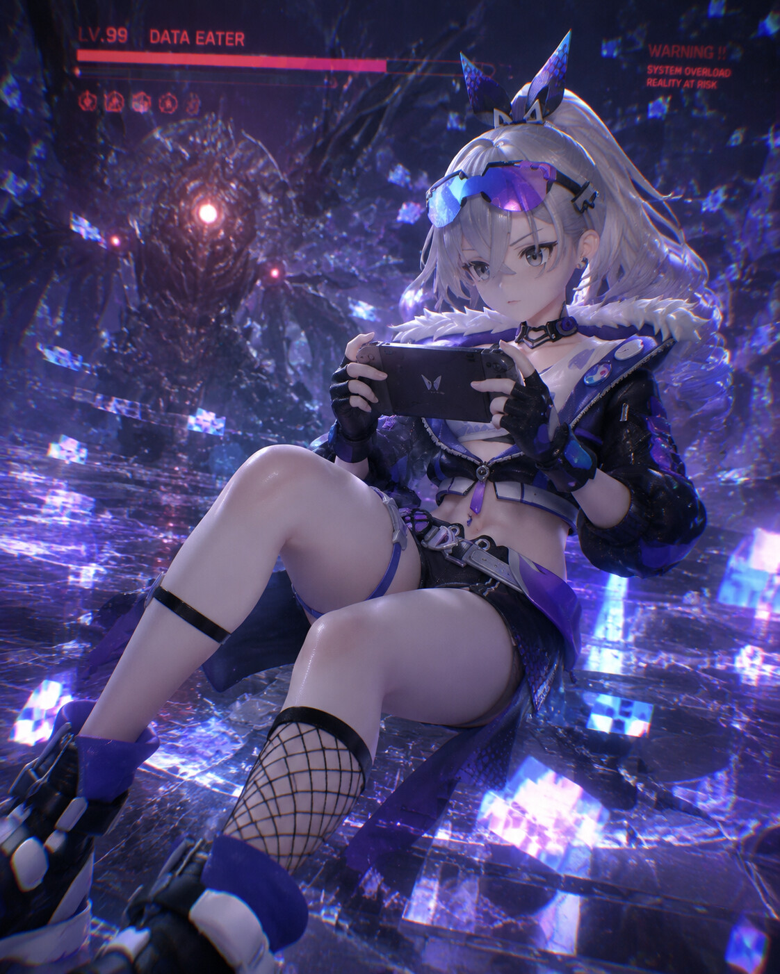 Clutching a handheld console during a boss fight in a virtual reality simulation with floating data fragments (high-fidelity 3D render)