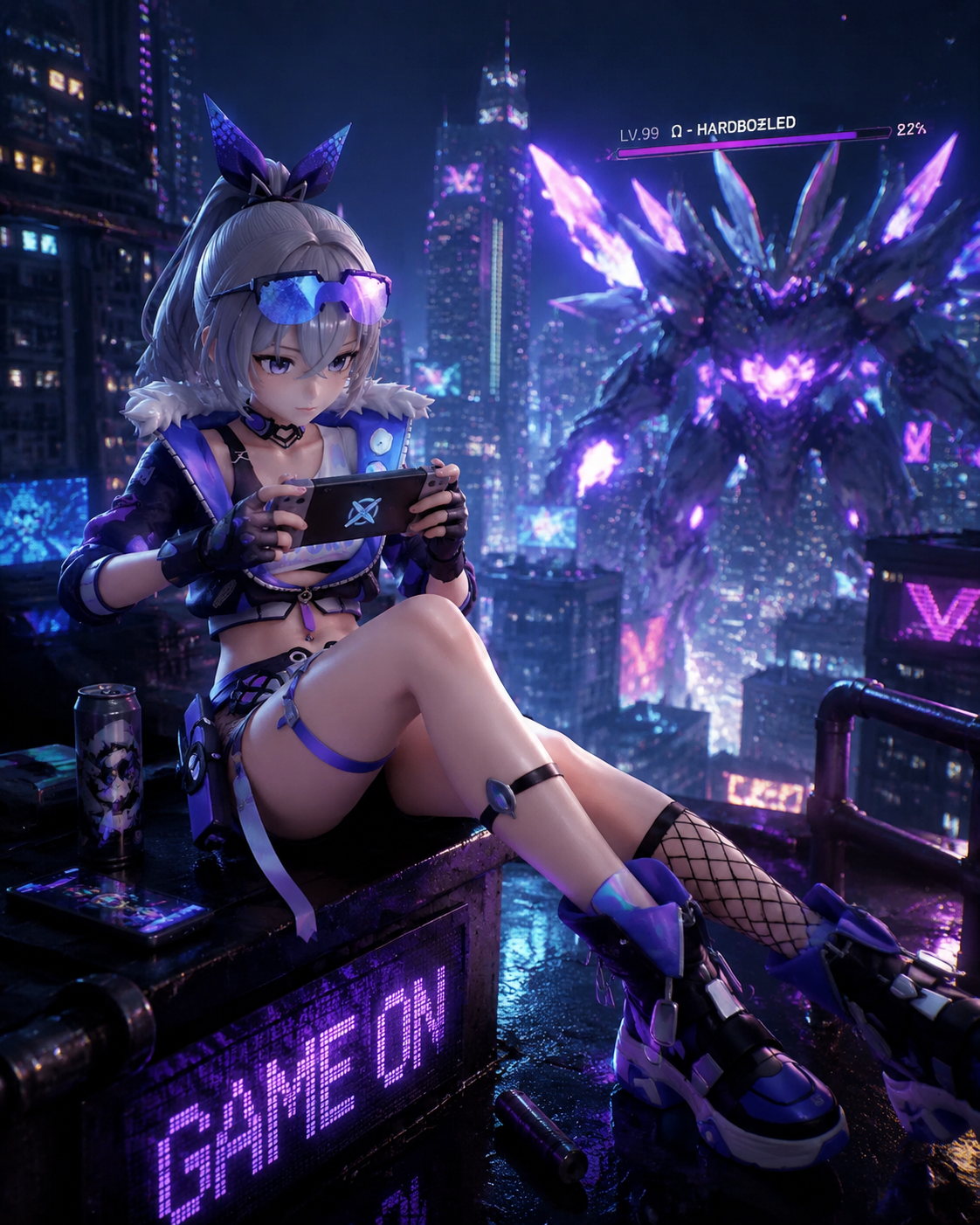 Clutching a handheld console during a boss fight On a rooftop overlooking a futuristic neon cityscape (high-fidelity 3D render, cinematic lighting)