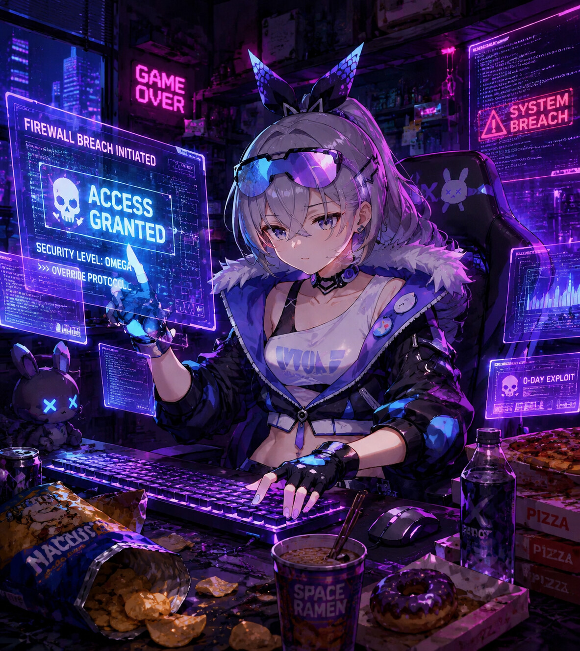 Cracking a high-security firewall with holographic screens at a messy gaming station cluttered with snacks (cyberpunk synthwave aesthetic)