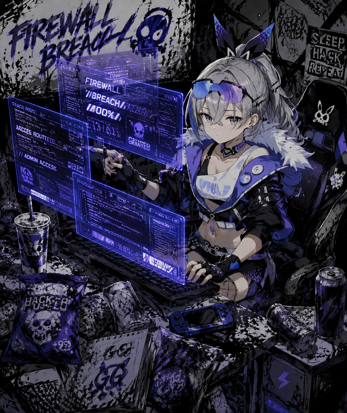 Cracking a high-security firewall with holographic screens at a messy gaming station cluttered with snacks (gritty urban sketch)