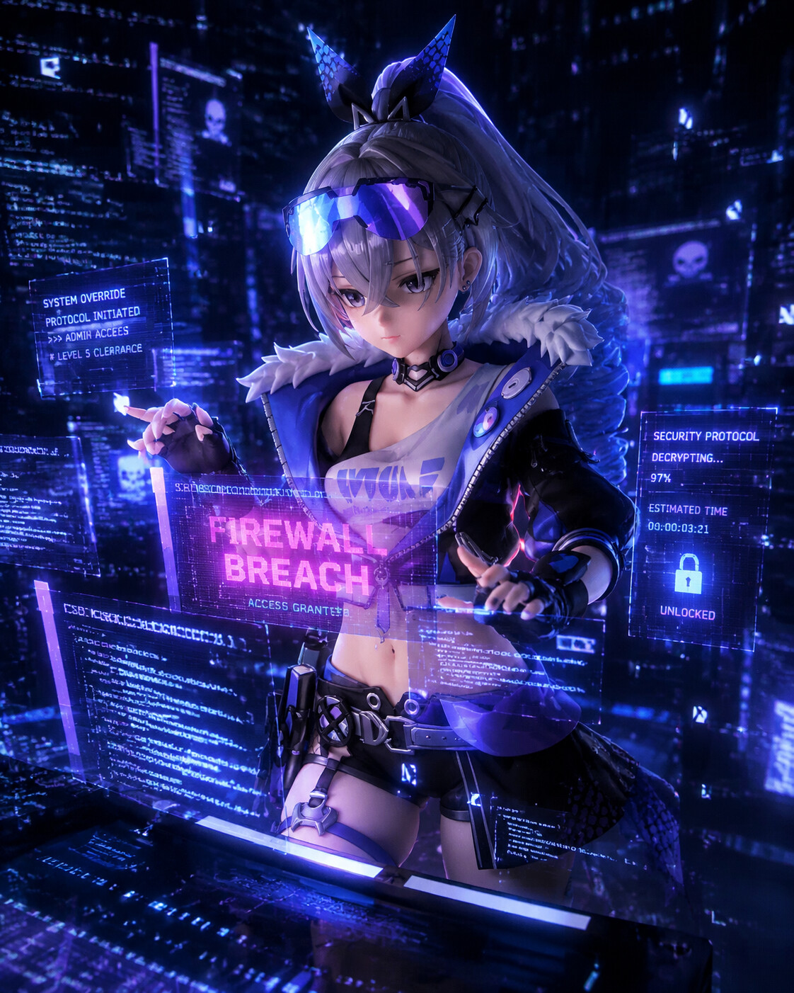 Cracking a high-security firewall with holographic screens in a virtual reality simulation with floating data fragments (high-fidelity 3D render)