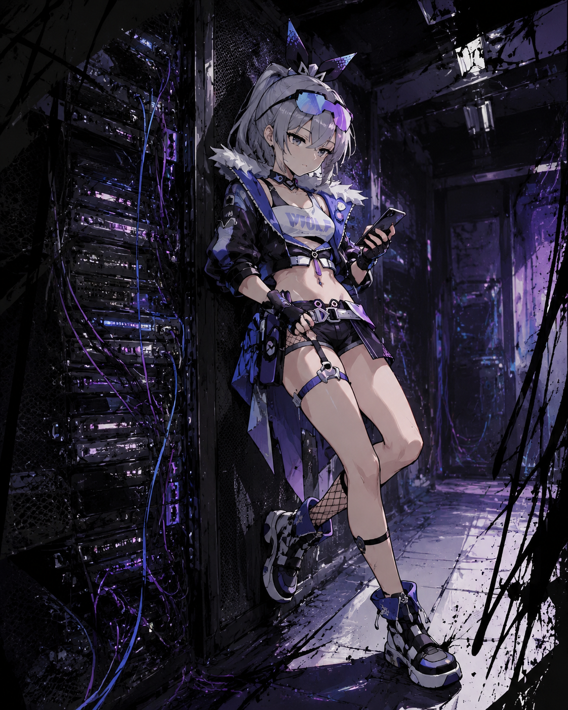 Leaning against a server rack while checking her phone In a dimly lit server room with glowing wires (gritty urban sketch, ink splashes and sharp lines)