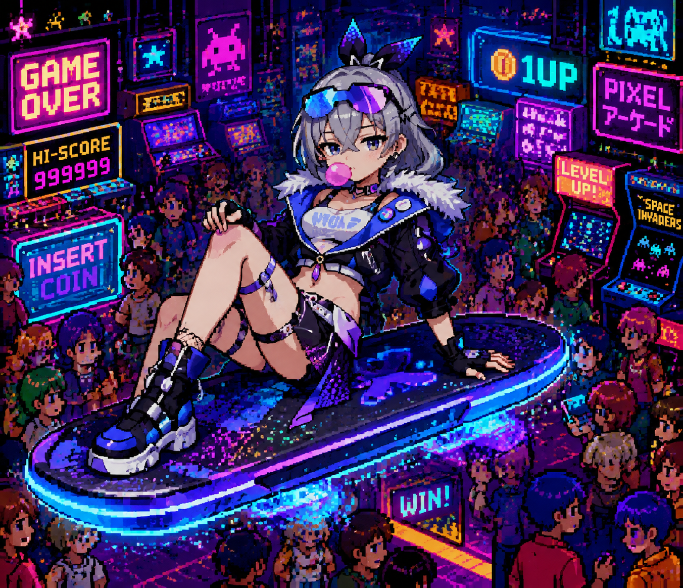 Lounging on a floating digital hoverboard At a crowded arcade filled with flashing lights (retro 8-bit pixel art, saturated palette)