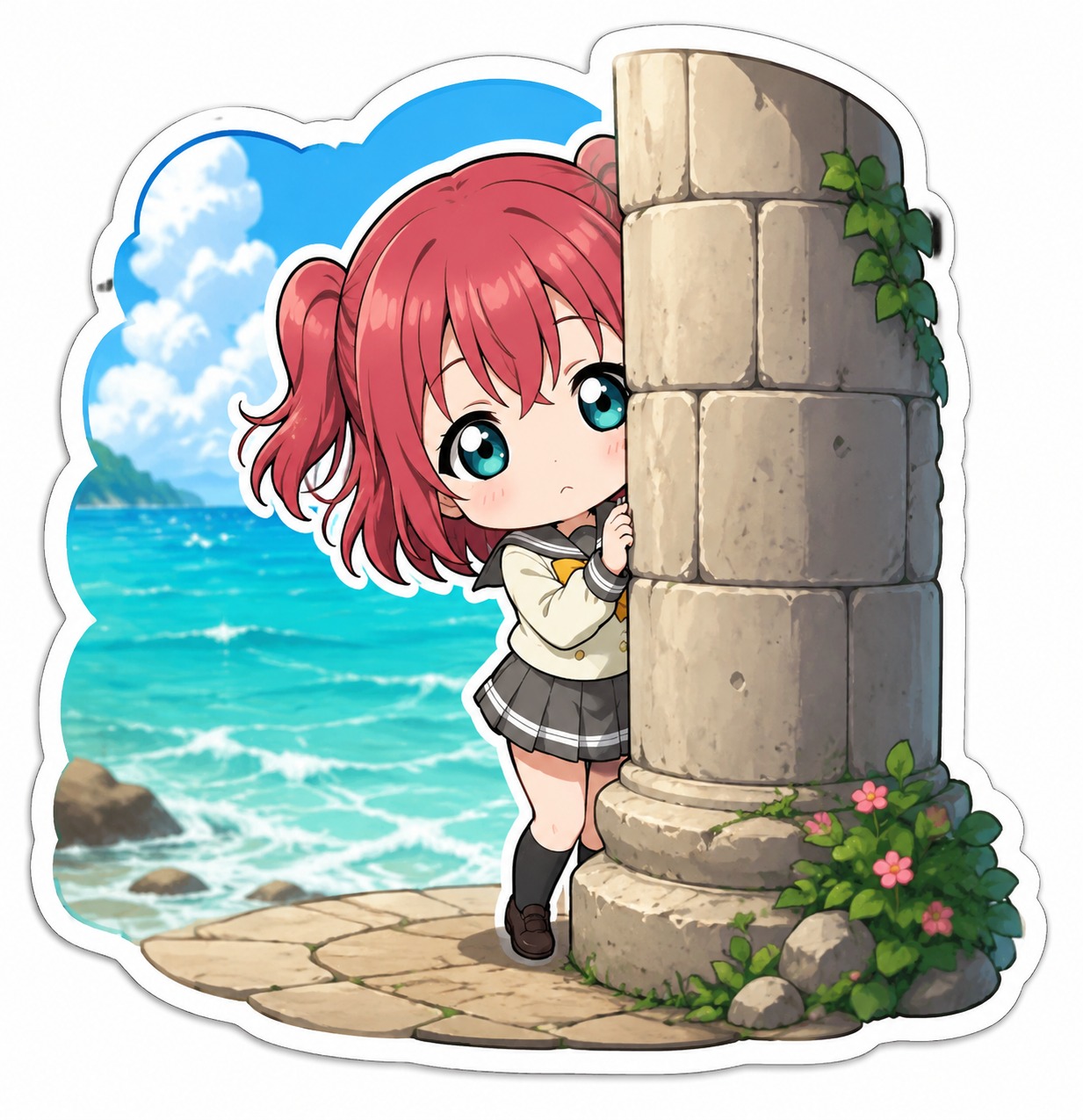 Hiding shyly behind a stone pillar At the edge of a turquoise ocean (adorable chibi, thick sticker outlines)