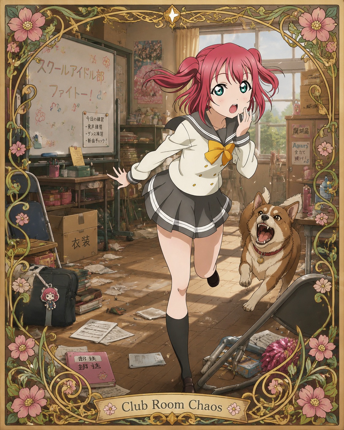 Running away from a barking dog In a cluttered school club room (intricate Art Nouveau, floral borders)