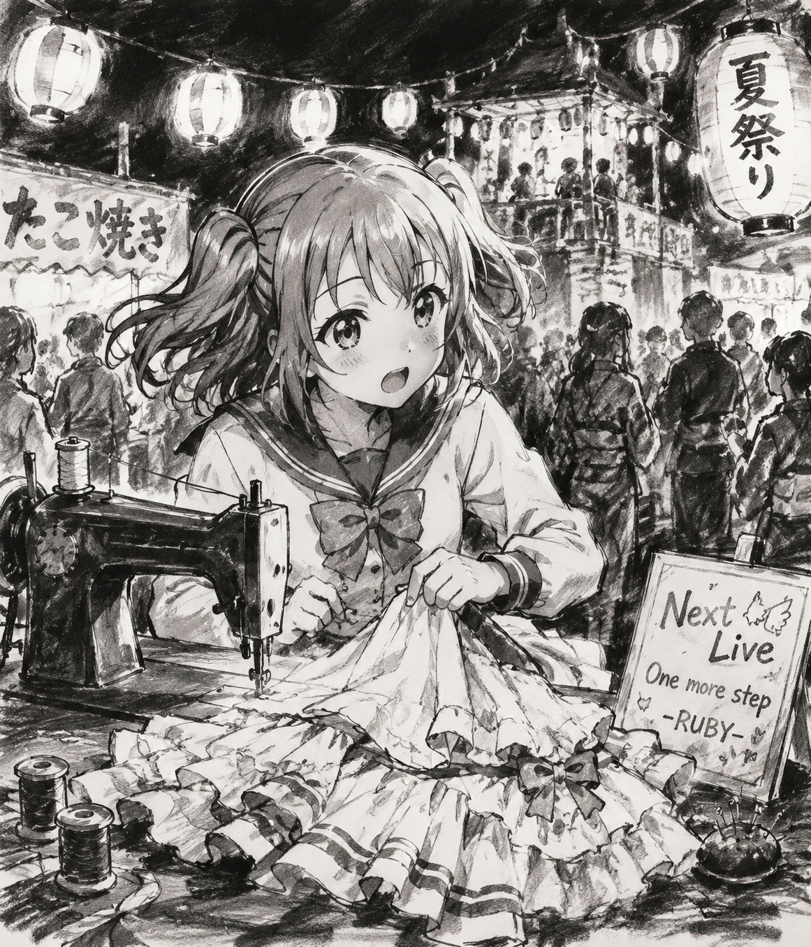 Stitching a ruffled idol skirt At a bustling night festival (minimalist charcoal sketch, high contrast)