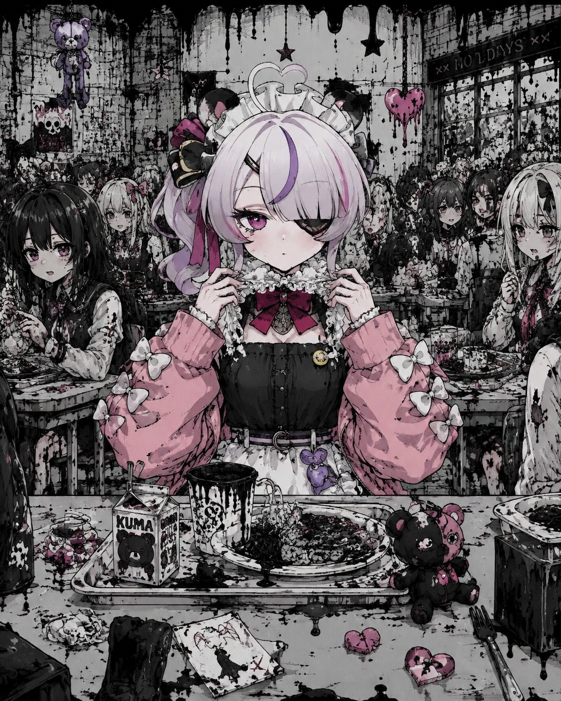 Adjusting her frilly lace collar At a crowded school cafeteria table (surreal gothic illustration, dark ink linework)