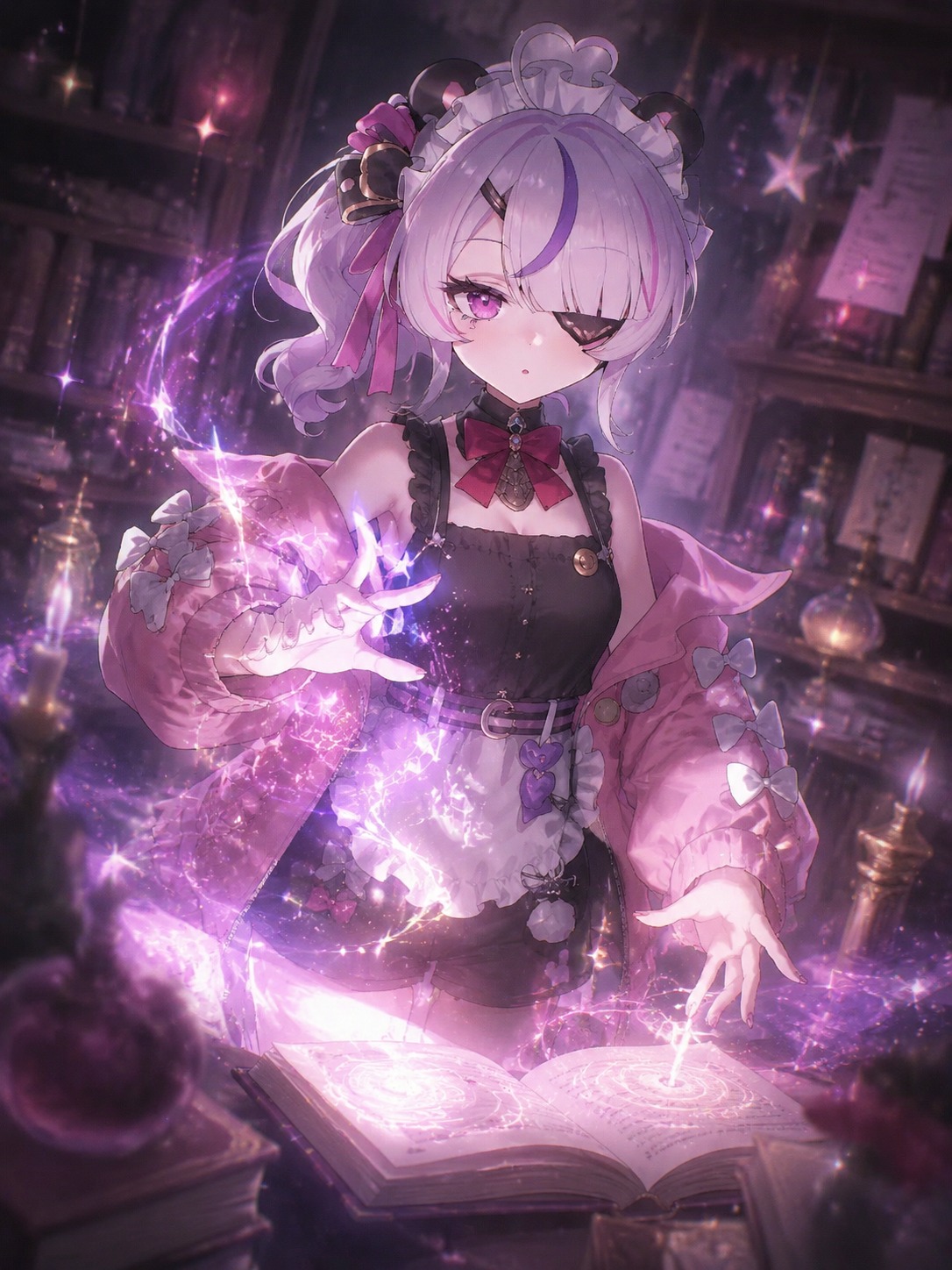 Casting a glittering mystic spell In a dimly lit library corner (dreamy ethereal glow, soft focus lens)