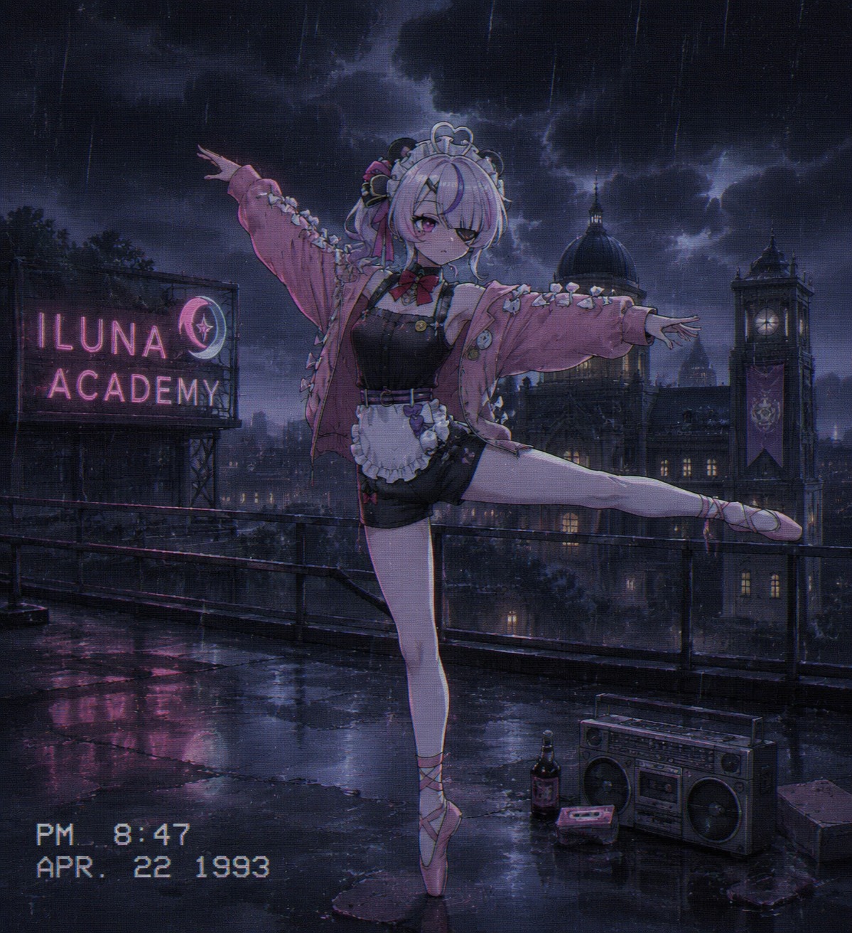 Dancing a clumsy ballet routine On a stormy rooftop overlooking the ILUNA campus (detailed 90s retro aesthetic, lo-fi vibes)