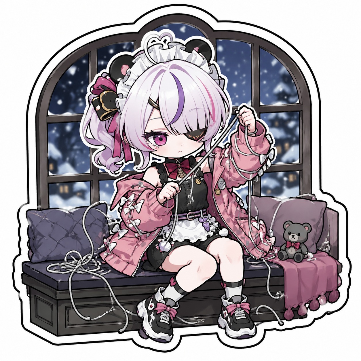 Disentangling herself from silver puppet wires On a window seat during a quiet snowfall (chibi sticker art, bold outlines)