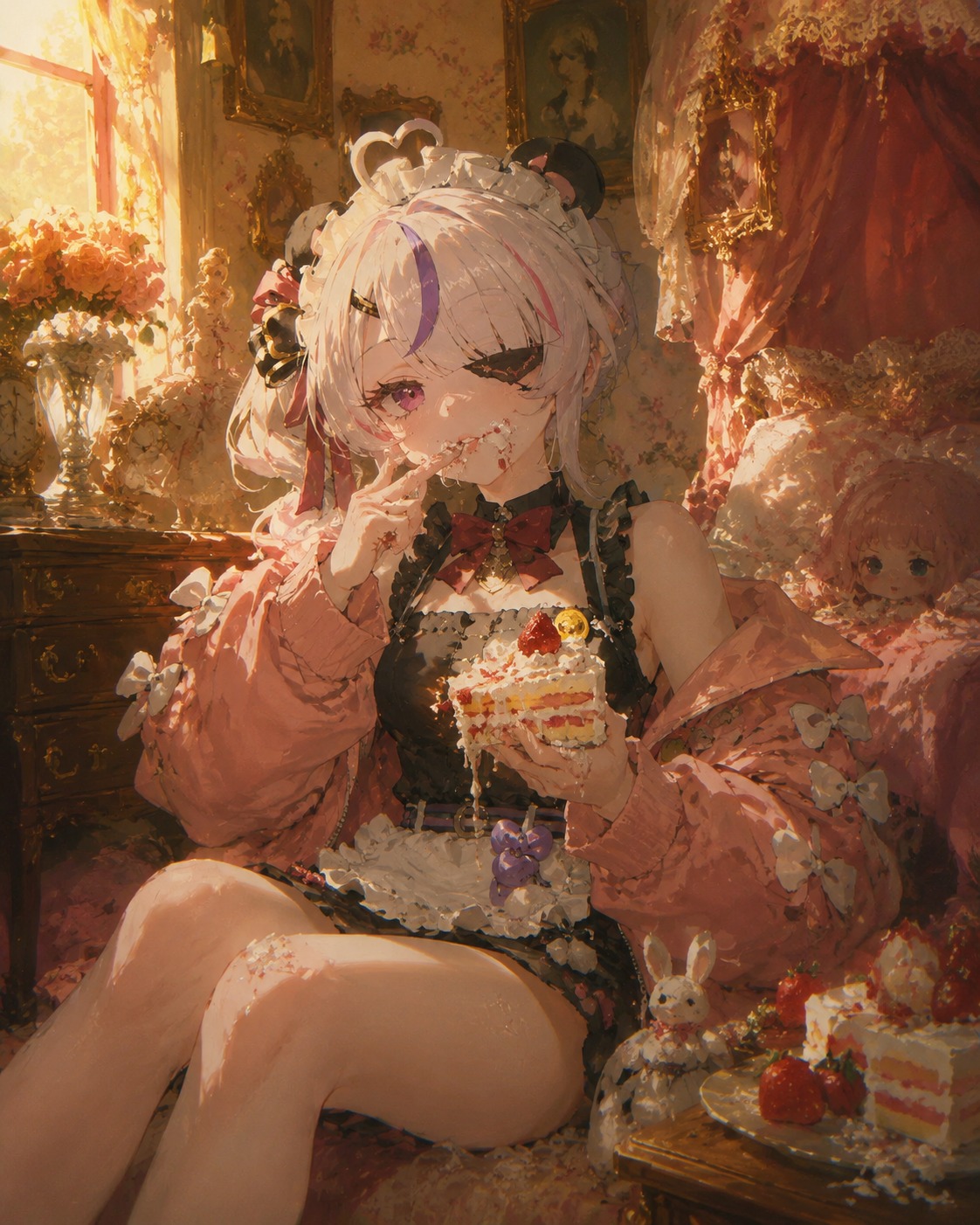 Eating a messy slice of strawberry cake In a sun-drenched Victorian dollhouse bedroom (vintage oil painting, baroque chiaroscuro)