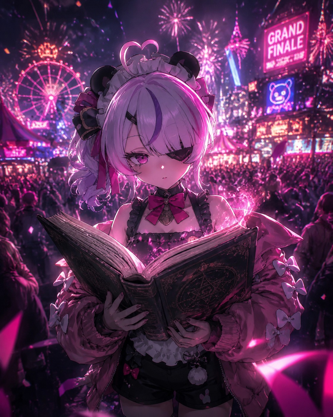 Reading a dusty grimoire At a colorful carnival during the grand finale (cinematic cyberpunk with neon pink highlights)