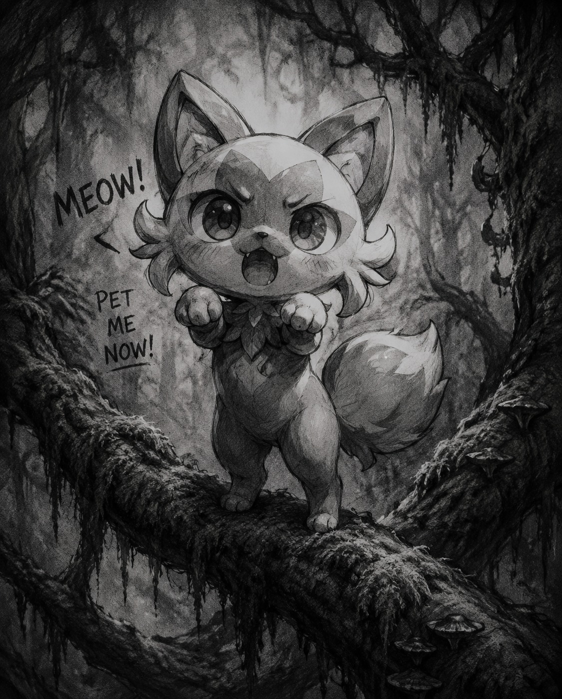 Demanding headpats with a stubborn meow On a mossy branch deep within a misty forest (dark gothic charcoal sketch, moody shadows)