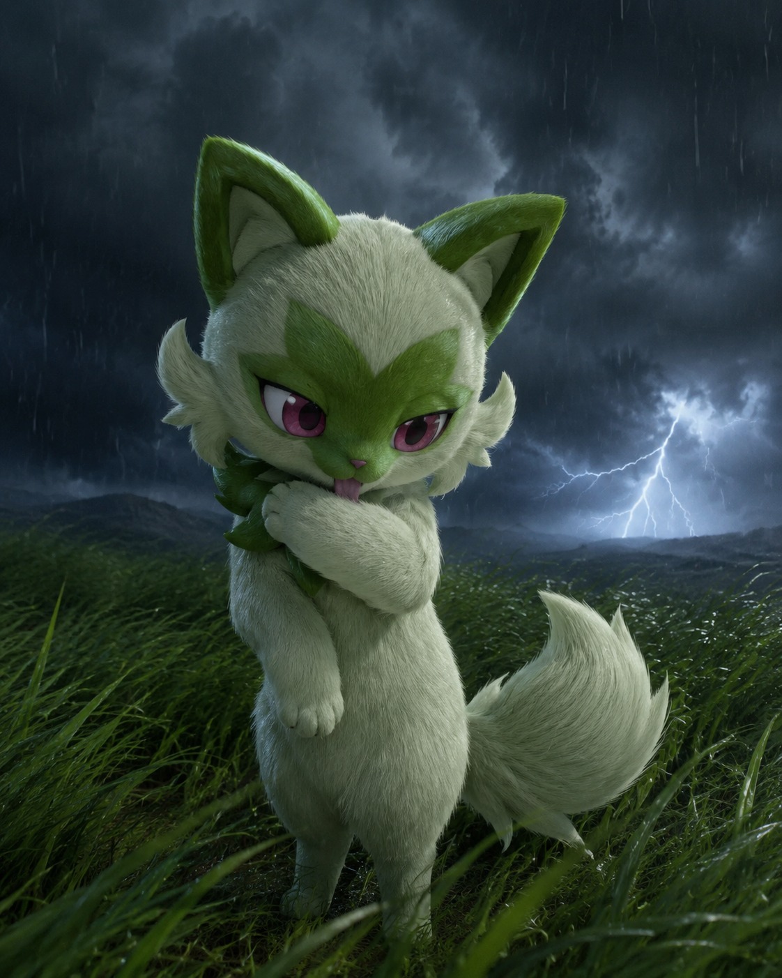 Grooming its mint-green fur meticulously In a field of tall grass during a thunderstorm (cinematic 3D render, hyper-realistic fur textures)