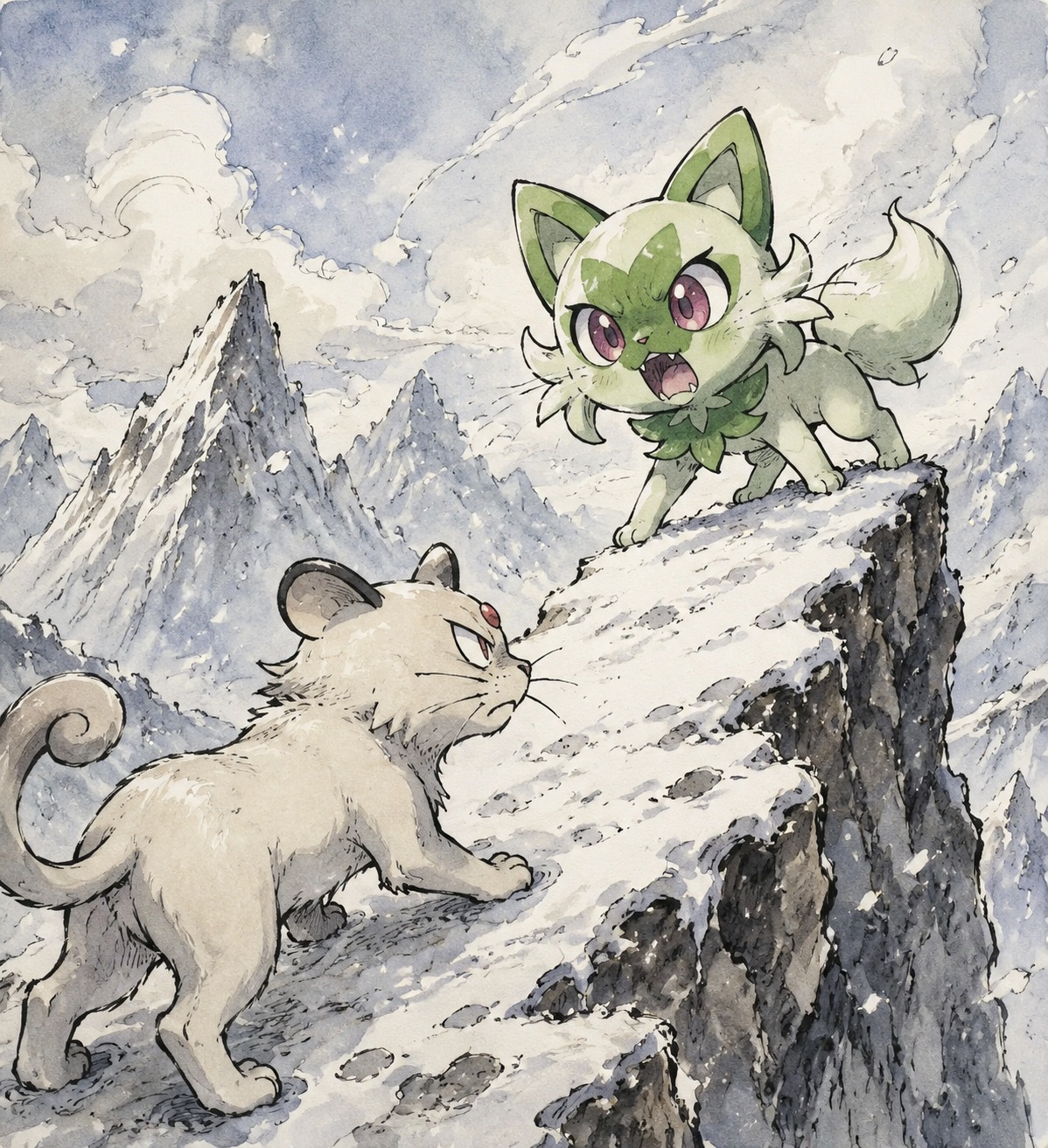 Hissing at a rival feline pokemon On the snowy peak of a jagged mountain (whimsical storybook illustration, ink and wash)
