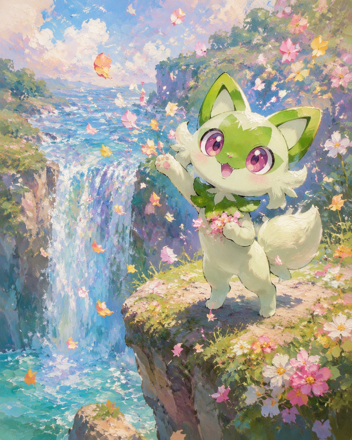 Scattering aromatic flower petals everywhere At the edge of a crystal clear waterfall (dreamy pastel oil painting, thick brushstrokes)