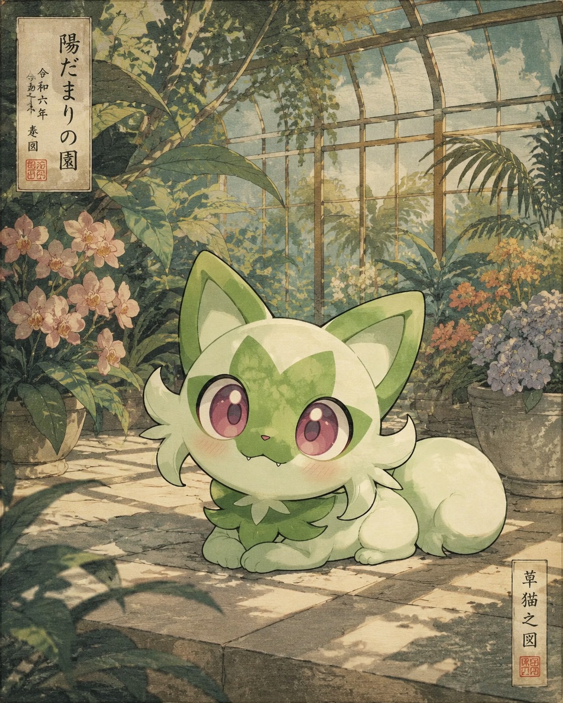 Sunbathing with paws tucked under its chest In a sun-drenched botanical garden greenhouse (delicate ukiyo-e woodblock print, muted tones)