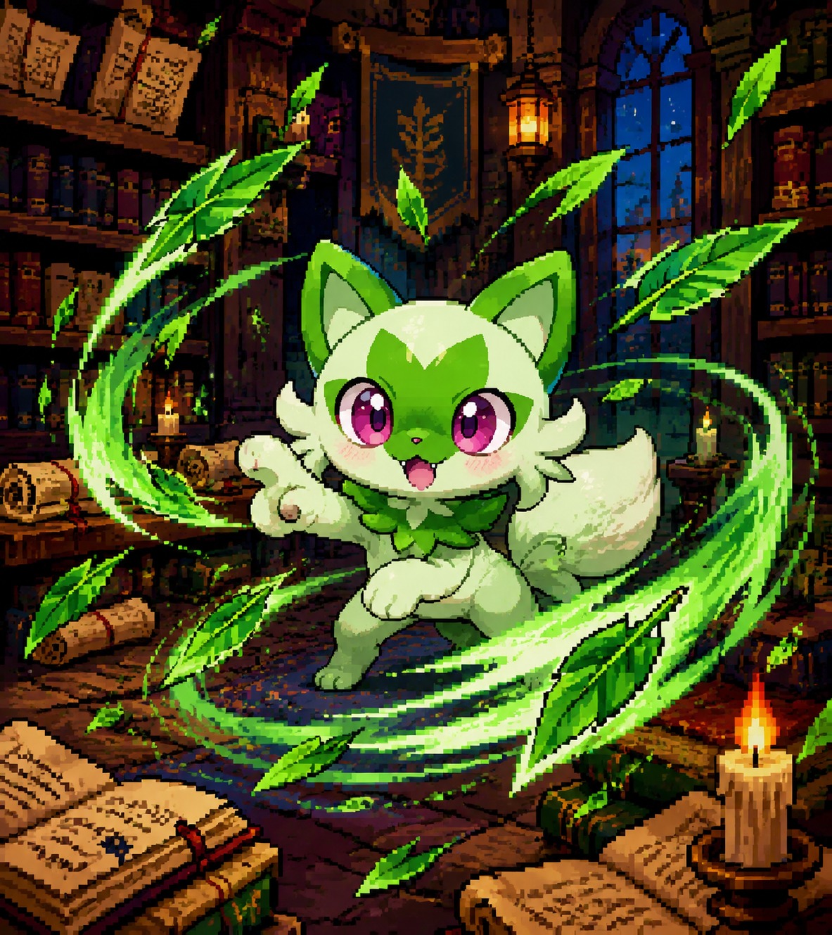 Unleashing a whirlwind of sharp leaves In a quiet library filled with ancient scrolls (retro 8-bit pixel art, saturated colors)