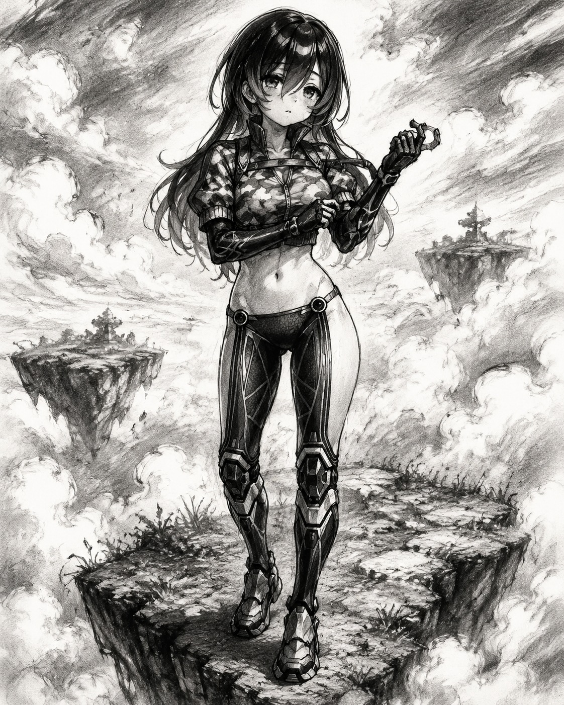 Calibrating her mechanical arm joints On a floating island amidst white clouds (sketchy charcoal drawing, high contrast)