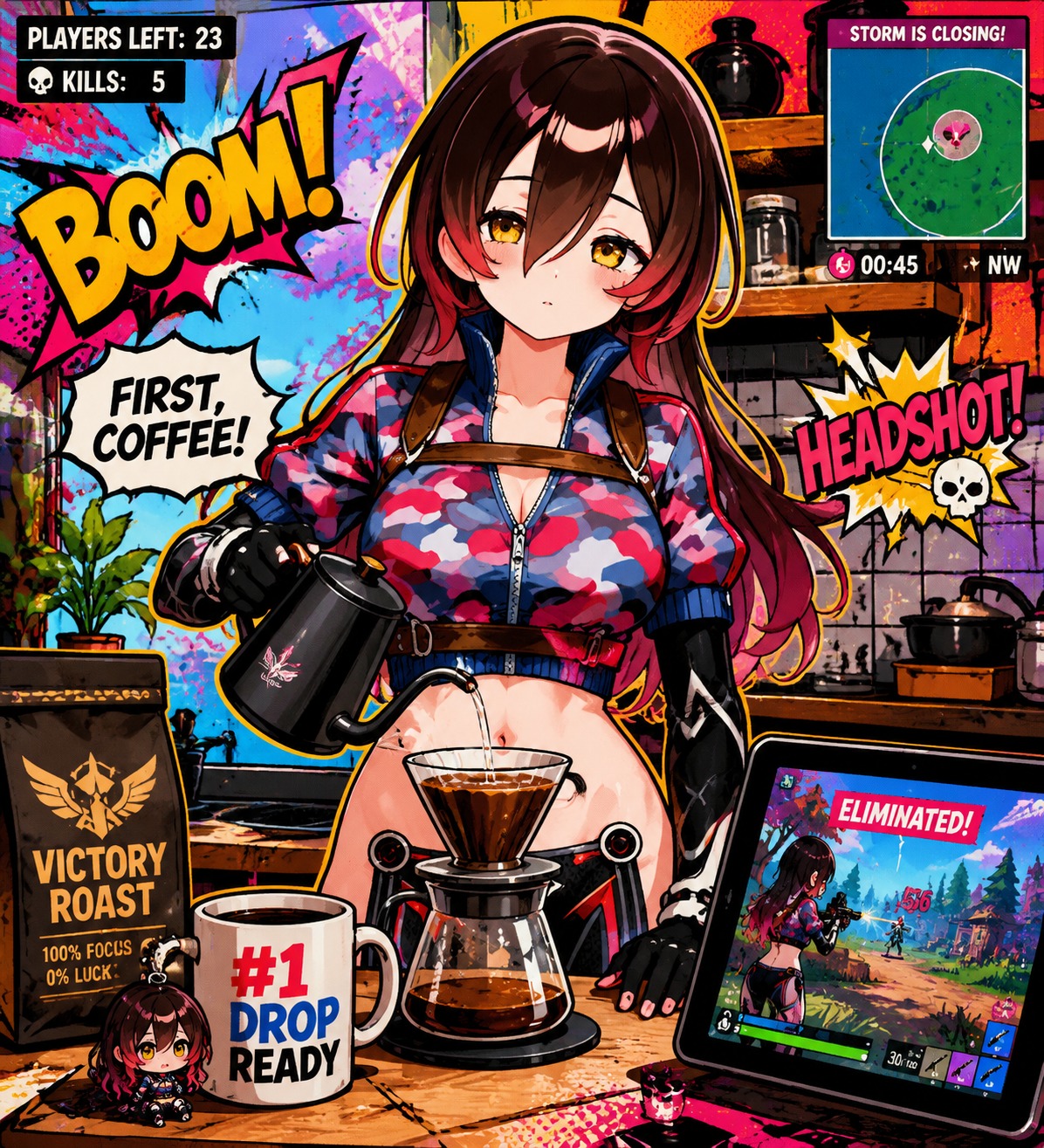 Competing in a fast-paced battle royale game At a cozy kitchen counter making coffee (vibrant pop art, bold outlines)