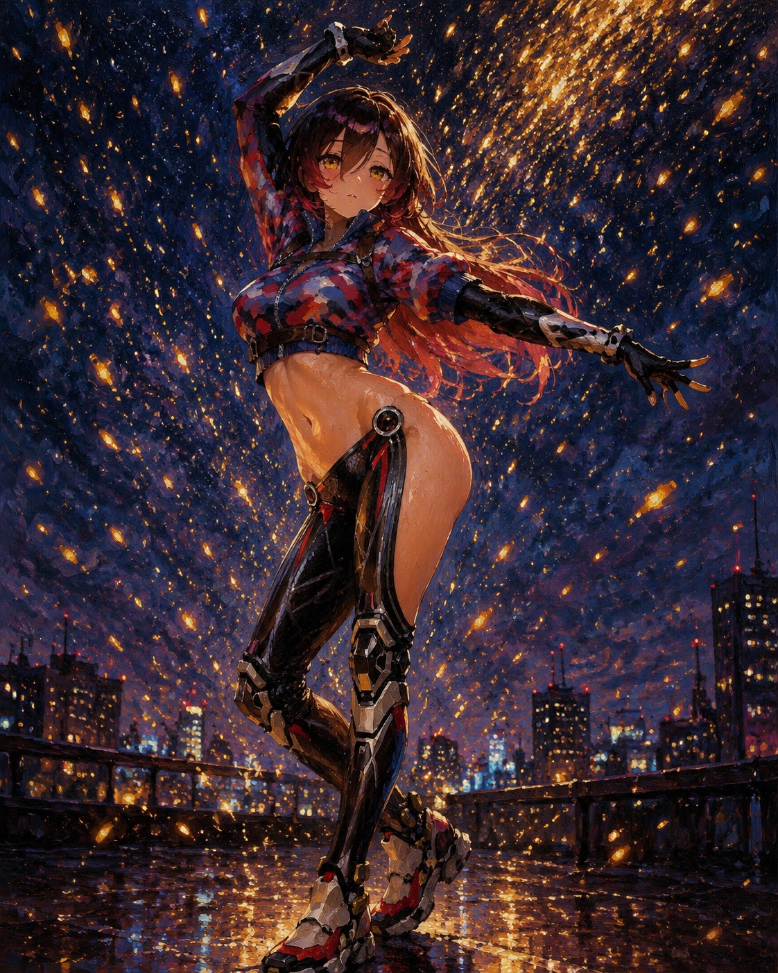 Dancing under a shower of sparks On a rooftop under a starry night sky (digital oil painting, heavy brushstrokes)