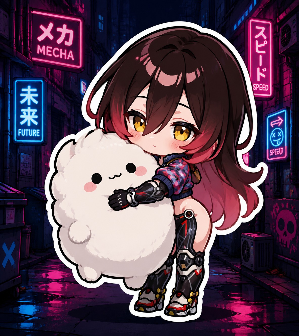 Hugging a large fluffy white plushie In a dark alleyway with neon signs (chibi sticker style, bright flat colors)