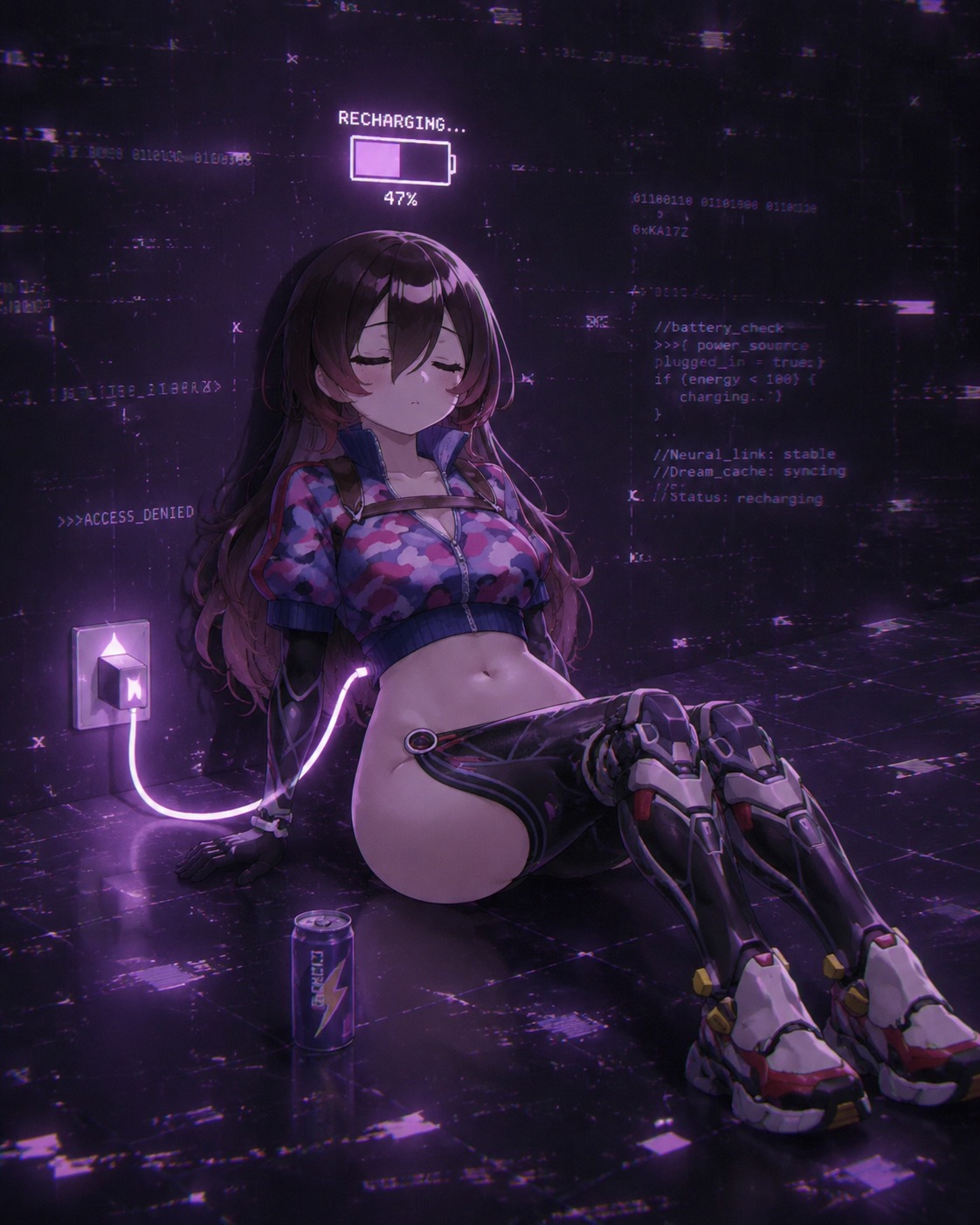 Recharging her batteries via a wall outlet In a glitchy digital void with floating code (lo-fi aesthetic, soft purple glow)