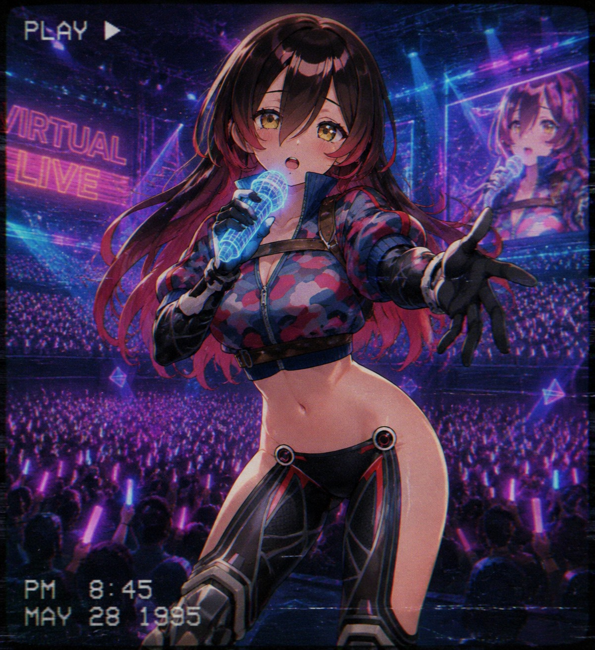 Singing into a glowing holographic microphone At a crowded virtual concert stadium (90s retro anime, grainy VHS filter)